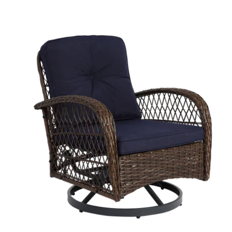 3 Pieces Outdoor Swivel Rocker Patio Chairs, 360 Degree Rocking Patio Conversation Set with Thickened Cushions and Glass Coffee Table for Backyard, Navy blue-海智集-Default-