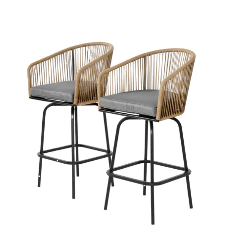 Outdoor Bar Stools Set of 2, 2-Piece Patio Bar Stools with Armrests, All Weather Rattan Bar Chairs with Backrest, Wicker Bar Stools for Backyard, Garden, Pool, Balcony and Deck- Gery-海智集-Default-