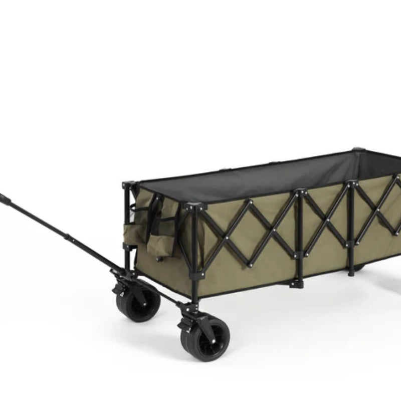 Foldable Extended Wagon with 220lbs Weight Capacity, Heavy Duty 300L Folding Utility Garden Cart with Big All-Terrain Beach Wheels & Drink Holders. -Army green-海智集-Default-