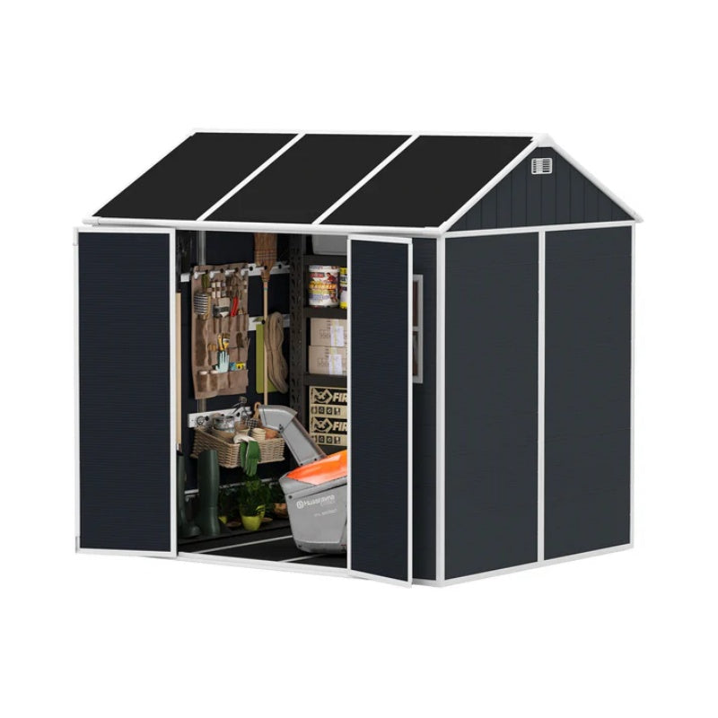 8*7ft Outdoor Storage Shed, Outdoor Resin Shed with Two-Window and Double-Door, Plastic Shed with Floor for Garden, Patio, Yard, Lawn (Dark Gray)-海智集-Default-