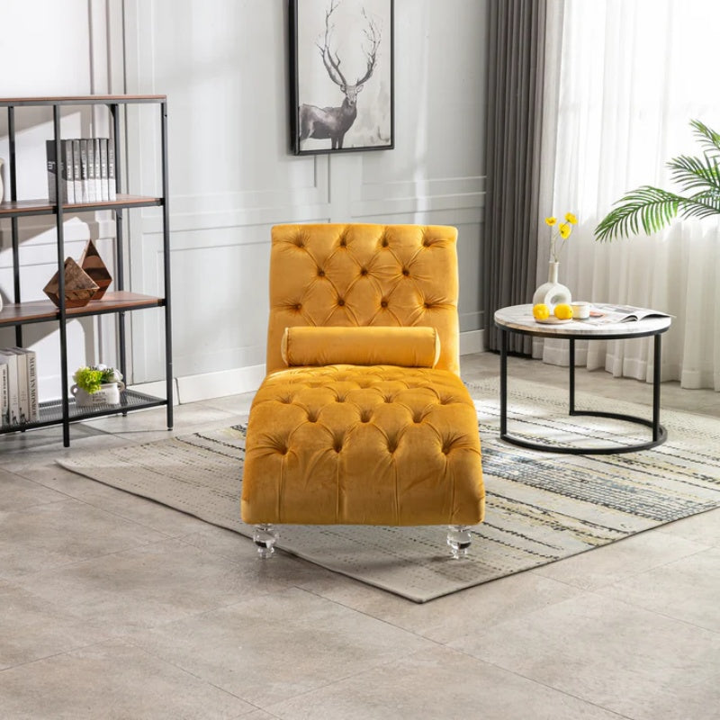 Velvet Button-Tufted Upholstered Chaise Lounge Chair with Pillow for Bedroom Living Room Office, Mustard-海智集-Default-