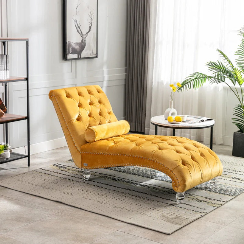 Velvet Button-Tufted Upholstered Chaise Lounge Chair with Pillow for Bedroom Living Room Office, Mustard-海智集-Default-
