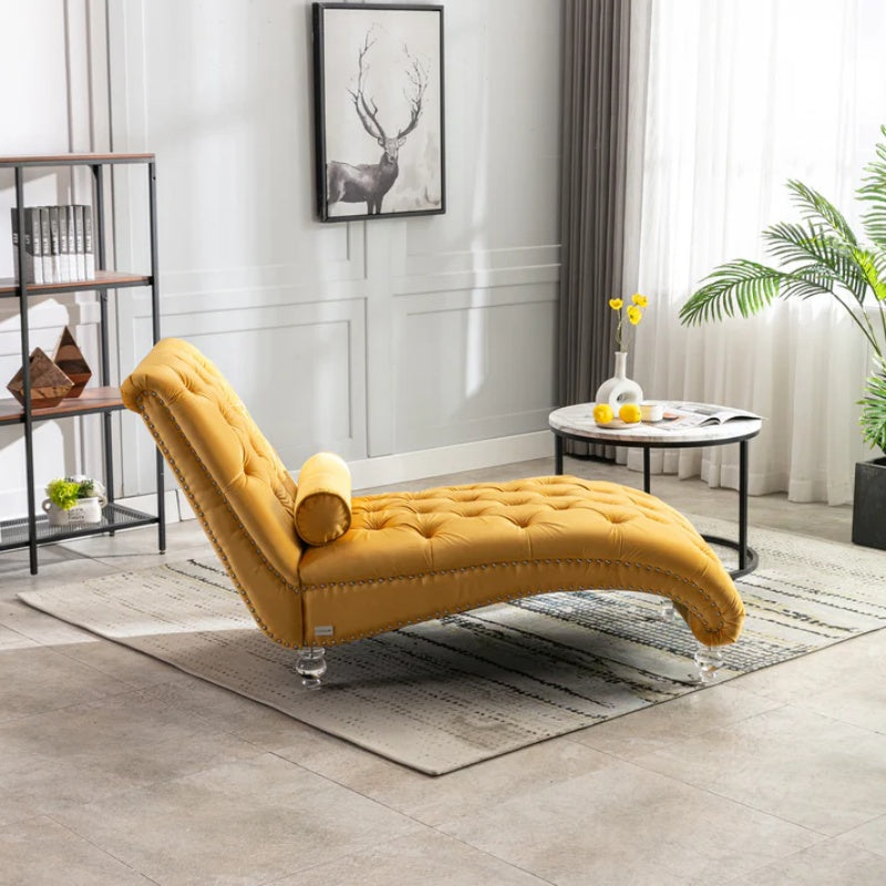 Velvet Button-Tufted Upholstered Chaise Lounge Chair with Pillow for Bedroom Living Room Office, Mustard-海智集-Default-