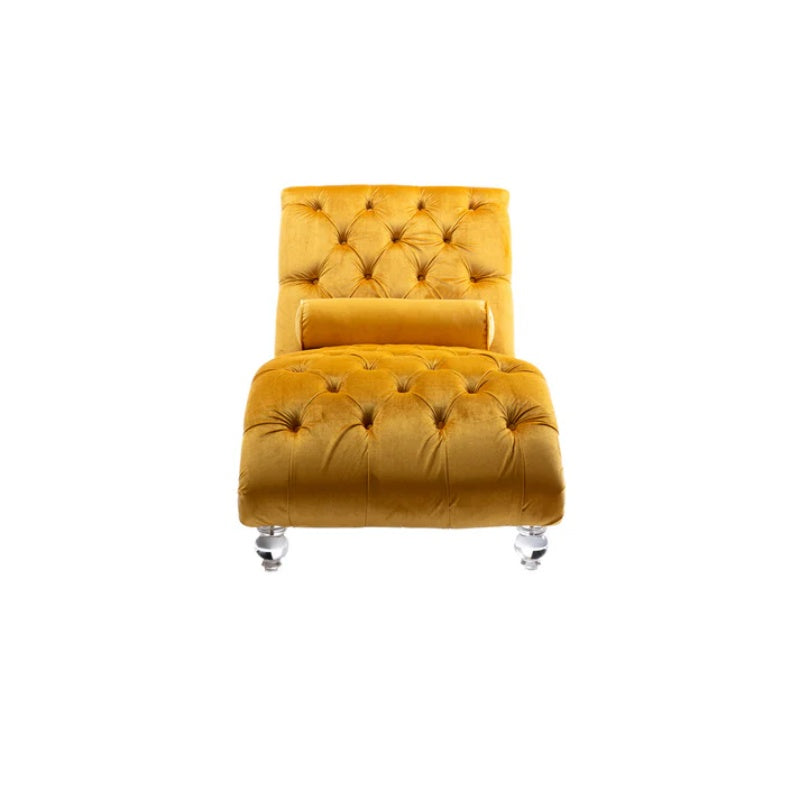 Velvet Button-Tufted Upholstered Chaise Lounge Chair with Pillow for Bedroom Living Room Office, Mustard-海智集-Default-