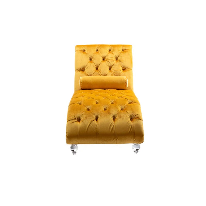 Velvet Button-Tufted Upholstered Chaise Lounge Chair with Pillow for Bedroom Living Room Office, Mustard-海智集-Default-