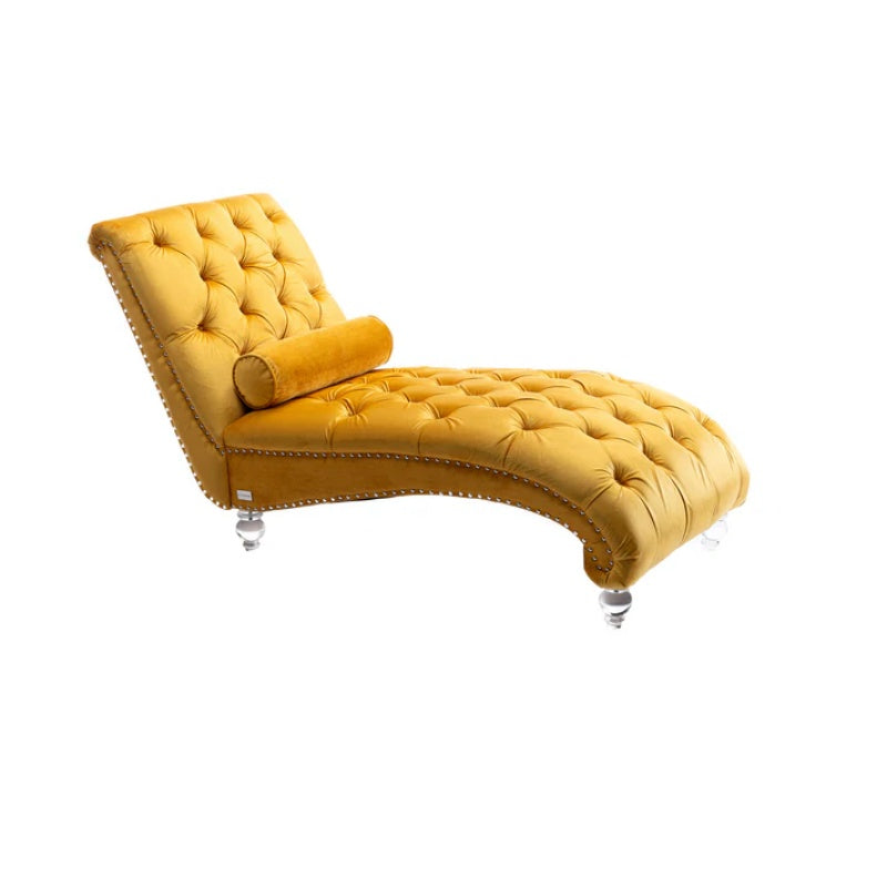 Velvet Button-Tufted Upholstered Chaise Lounge Chair with Pillow for Bedroom Living Room Office, Mustard-海智集-Default-