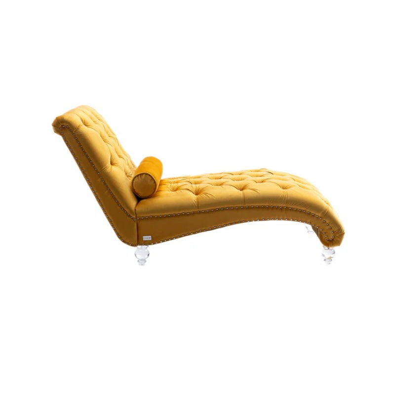 Velvet Button-Tufted Upholstered Chaise Lounge Chair with Pillow for Bedroom Living Room Office, Mustard-海智集-Default-