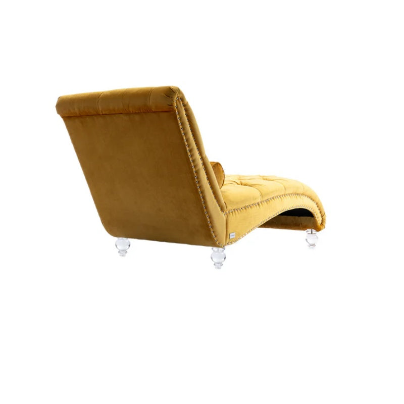 Velvet Button-Tufted Upholstered Chaise Lounge Chair with Pillow for Bedroom Living Room Office, Mustard-海智集-Default-