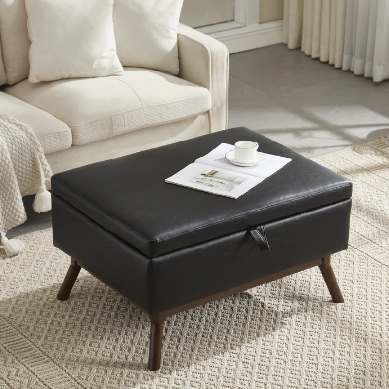 Mid-century modern square coffee table storage bench, assembled, suitable for living room, entryway and family room, used as a coffee table, stirrups, shoe bench-海智集-Default-