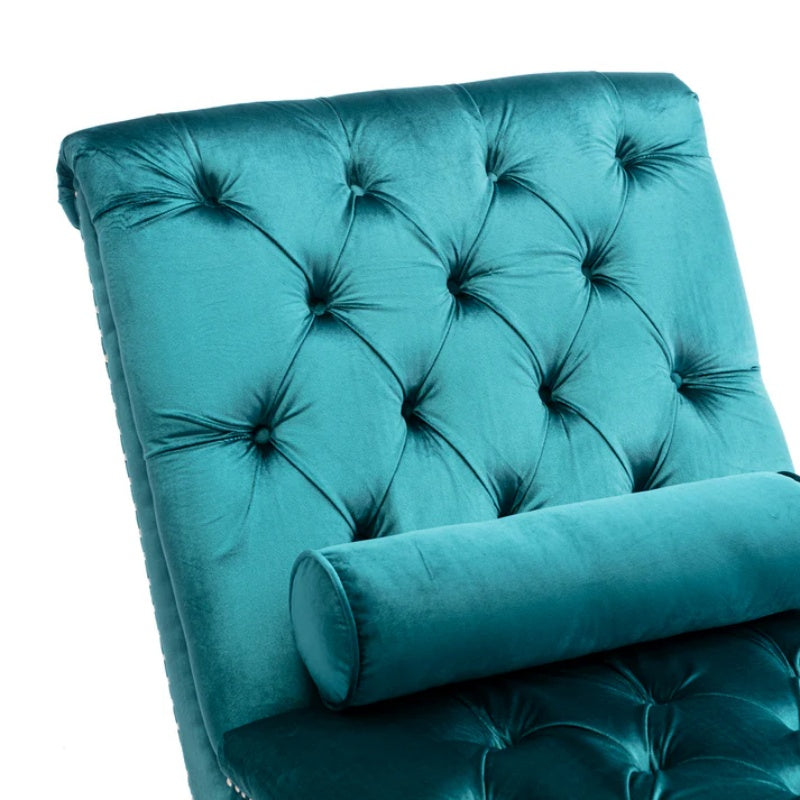 Velvet Chaise Lounge Indoor, Button-Tufted Upholstered Chaise Lounge Chair with Pillow, Teal Velvet, 63.38 inch-海智集-Default-