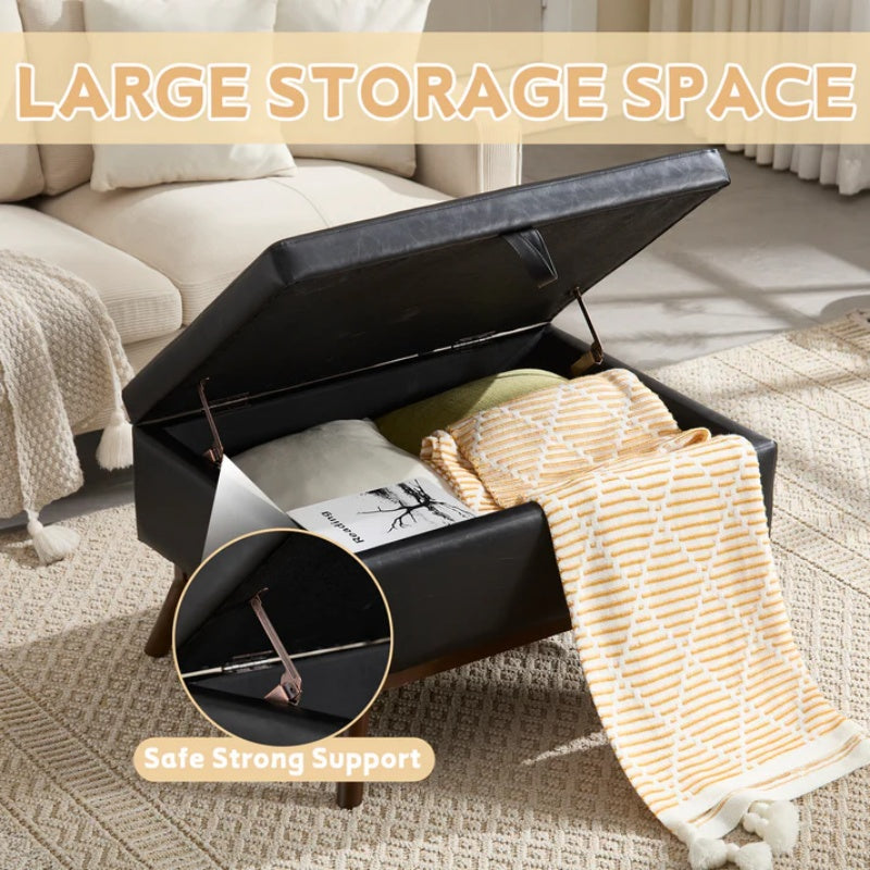 Mid-century modern square coffee table storage bench, assembled, suitable for living room, entryway and family room, used as a coffee table, stirrups, shoe bench-海智集-Default-