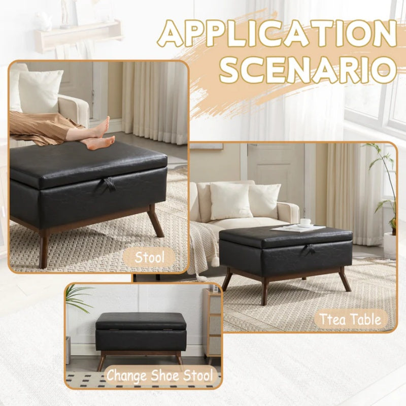 Mid-century modern square coffee table storage bench, assembled, suitable for living room, entryway and family room, used as a coffee table, stirrups, shoe bench-海智集-Default-