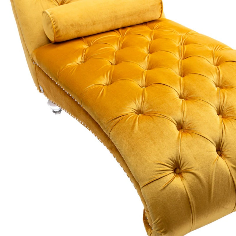 Velvet Button-Tufted Upholstered Chaise Lounge Chair with Pillow for Bedroom Living Room Office, Mustard-海智集-Default-