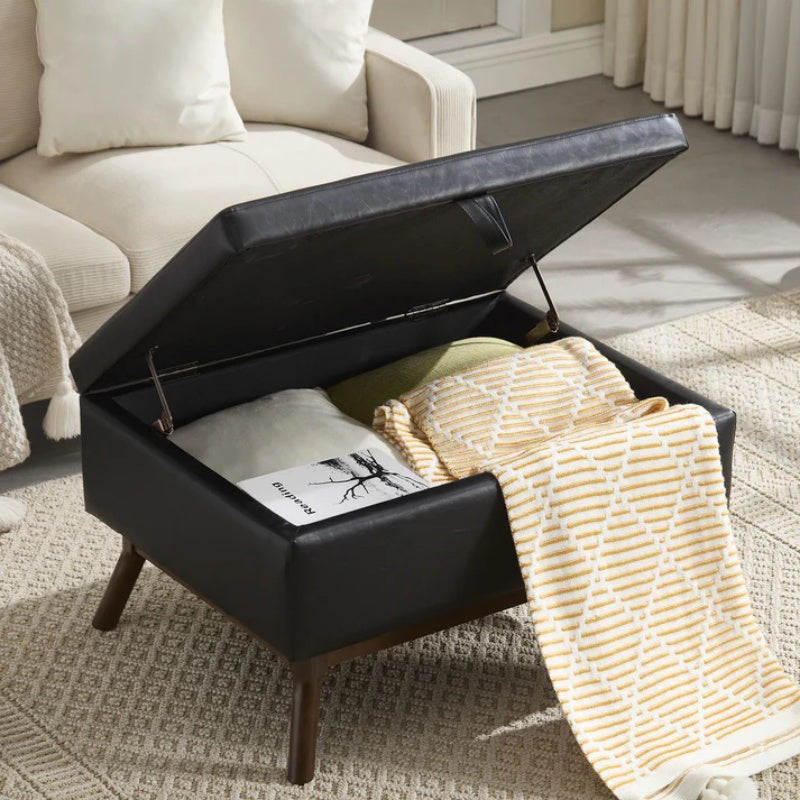 Mid-century modern square coffee table storage bench, assembled, suitable for living room, entryway and family room, used as a coffee table, stirrups, shoe bench-海智集-Default-