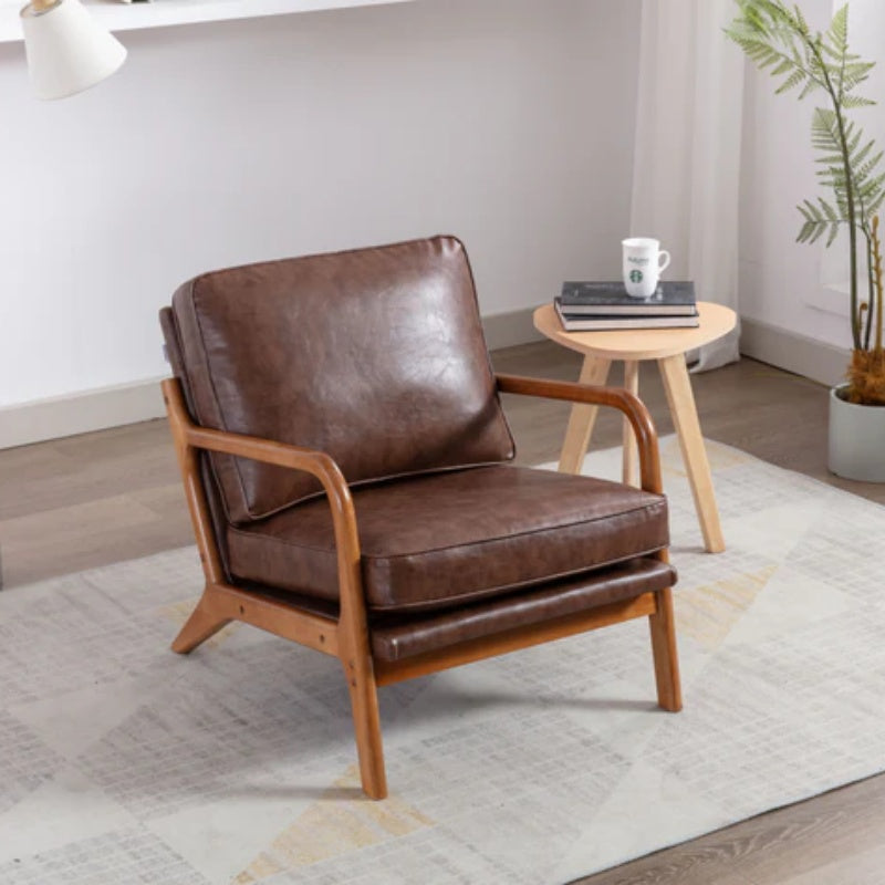 COOLMORE Mid Century Modern Accent Chair, Comfy Fabric Living Room Chairs with Solid Wood Frame, Lounge Reading Armchair, Easy Assembly (Brown PU)-海智集-Default-