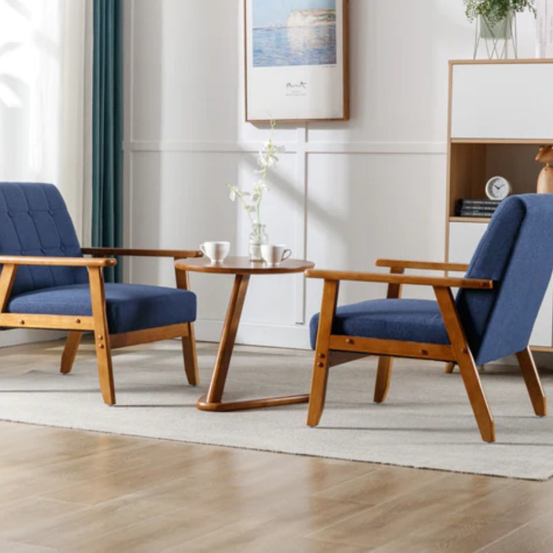Accent Chairs Set of 2 with Side Table, Mid Century Modern Accent Chair, Wood and Fabric Armchairs Side Chair, Lounge Reading Comfy Arm Chair for Living Room, Bedroom, Office-海智集-Default-