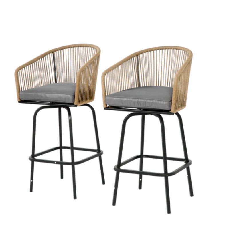 Outdoor Bar Stools Set of 2, 2-Piece Patio Bar Stools with Armrests, All Weather Rattan Bar Chairs with Backrest, Wicker Bar Stools for Backyard, Garden, Pool, Balcony and Deck- Gery-海智集-Default-