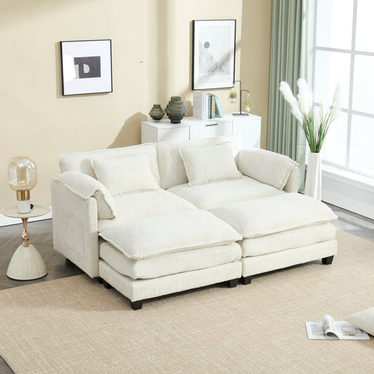 UNITED WE WIN Chenille fabric, solid construction, the overall structure of the sofa is stable, detachable armrests, two foot stools and two-seat sofa with side pockets-海智集-Default-