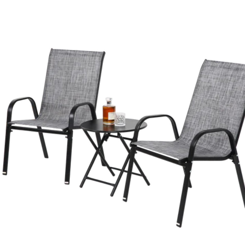 3 Piece Patio set, Outdoor Camping Chairs with Breathable Textilene Fabric, folding table with steel table top, 2chairs and 1table set ( Grey)-海智集-Default-