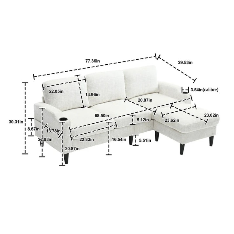 UNITED WE WIN Sofa for three, solid wood frame, Chenille fabric, side pocket, with two cup holders, footstool with storagestorage sofa /Living room sofa cozy sectional sofa-海智集-Default-