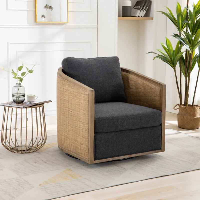 Comfy Swivel Barrel Chair, Round Accent Sofa for Living Room, 360 Degree Leisure Arm Chair, Carbon Black Boucle-海智集-Default-