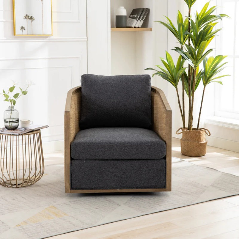 Comfy Swivel Barrel Chair, Round Accent Sofa for Living Room, 360 Degree Leisure Arm Chair, Carbon Black Boucle-海智集-Default-