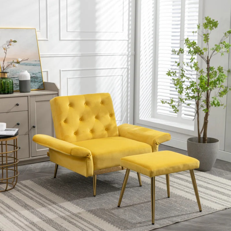 COOLMORE Velvet Accent Chair with Adjustable Armrests and Backrest, Button Tufted Lounge Chair, Single Recliner Armchair with Ottoman-海智集-Default-