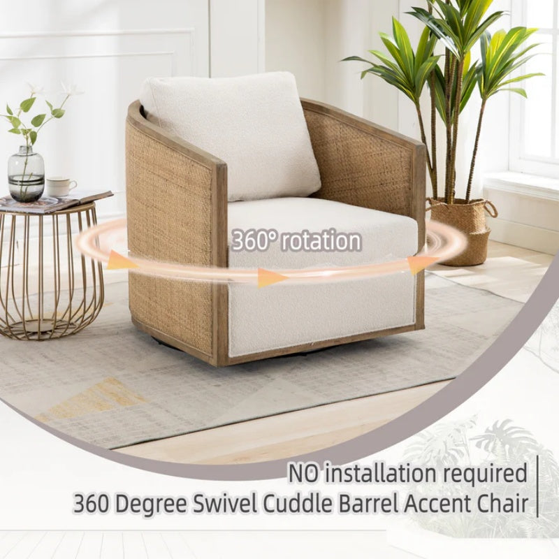 Beige Boucle Swivel Barrel Chair, Comfy Round Accent Sofa Chair with 360 Degree Swivel, Leisure Arm Chair for Living Room, Nursery, Hotel, Bedroom, Office, Lounge-海智集-Default-
