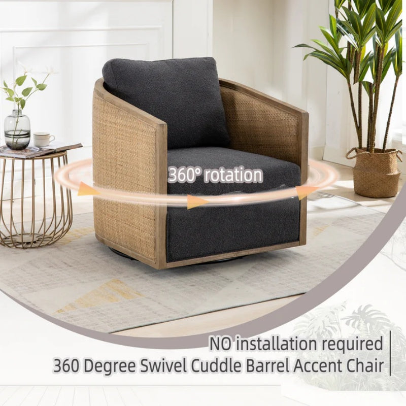 Comfy Swivel Barrel Chair, Round Accent Sofa for Living Room, 360 Degree Leisure Arm Chair, Carbon Black Boucle-海智集-Default-
