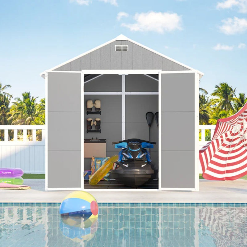 Campcraft 8*8ft resin storage shed, high quality pp material, strong structure, waterproof, rust and UV proof, large storage space, 12mm thick pp board, HD window lighting-海智集-Default-