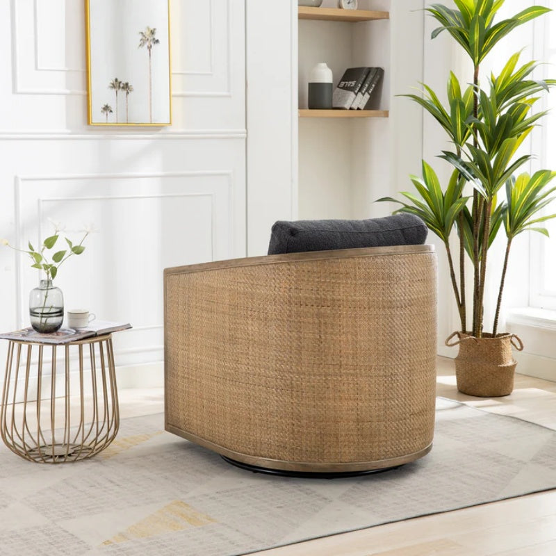 Comfy Swivel Barrel Chair, Round Accent Sofa for Living Room, 360 Degree Leisure Arm Chair, Carbon Black Boucle-海智集-Default-
