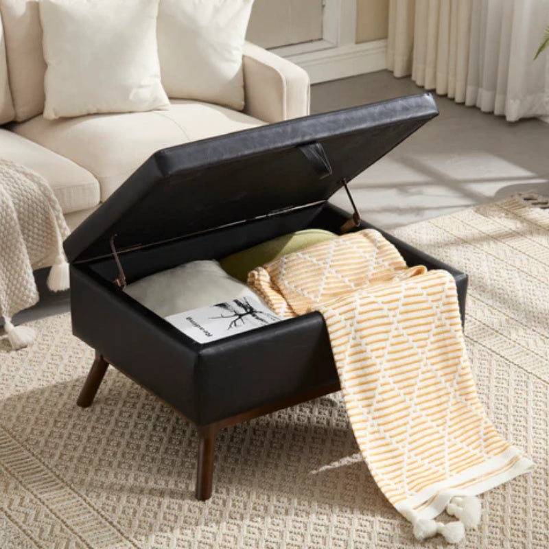 Mid-century modern square coffee table storage bench, assembled, suitable for living room, entryway and family room, used as a coffee table, stirrups, shoe bench-海智集-Default-