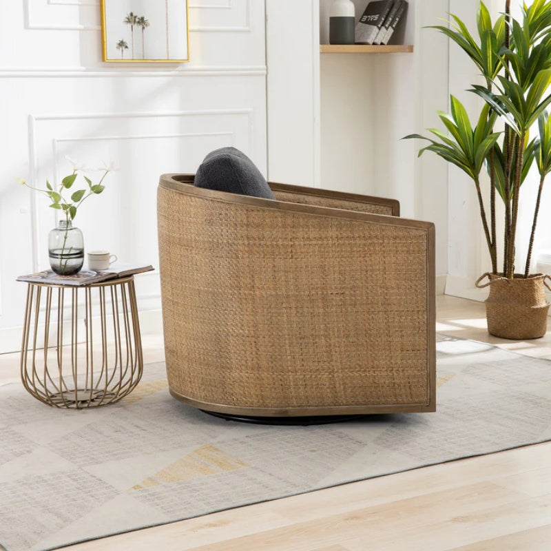 Comfy Swivel Barrel Chair, Round Accent Sofa for Living Room, 360 Degree Leisure Arm Chair, Carbon Black Boucle-海智集-Default-