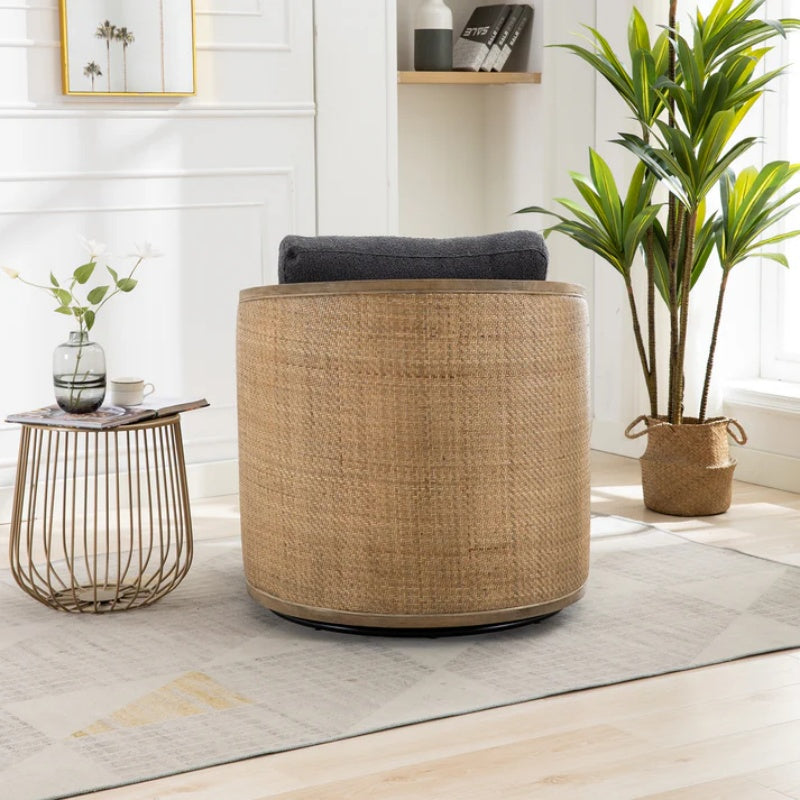 Comfy Swivel Barrel Chair, Round Accent Sofa for Living Room, 360 Degree Leisure Arm Chair, Carbon Black Boucle-海智集-Default-