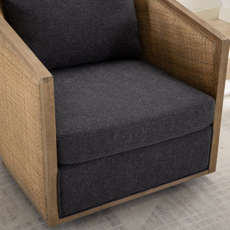 Comfy Swivel Barrel Chair, Round Accent Sofa for Living Room, 360 Degree Leisure Arm Chair, Carbon Black Boucle-海智集-Default-