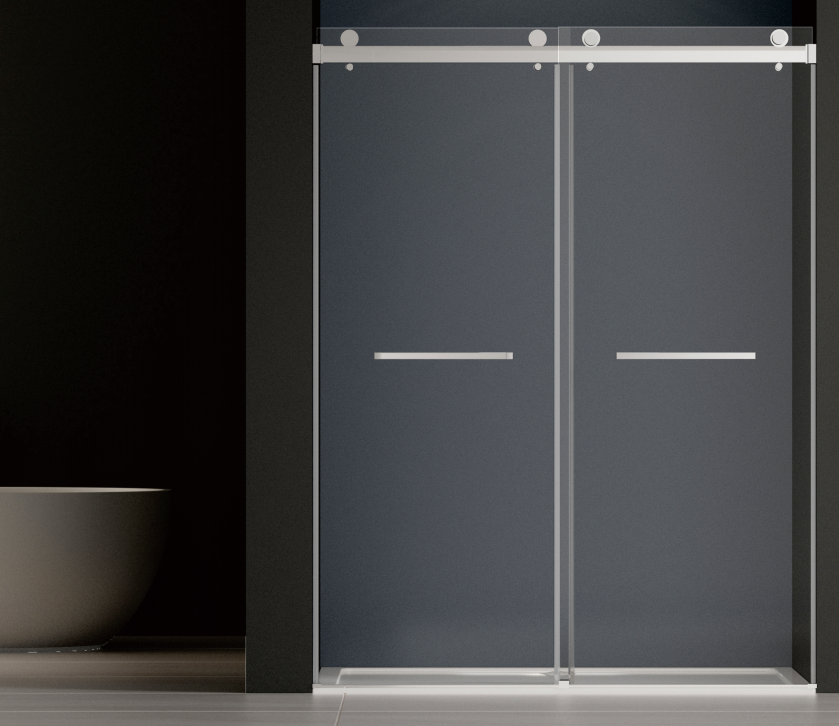 Minimalist frameless sliding door shower enclosure, stainless steel sunken bathroom partition without lower track, brushed overall sliding-海智集-