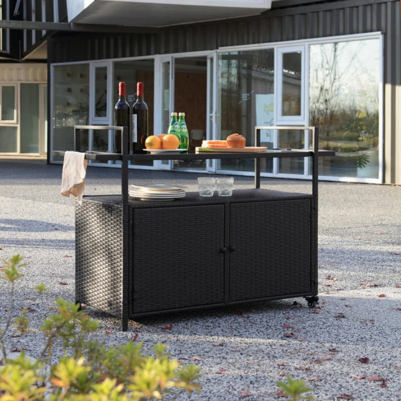 Outdoor Wicker Bar Cart, Patio Wine Serving Cart w/Wheels, Rolling Rattan Beverage Bar Counter Table w/Glass Top for Porch Backyard Garden Poolside Party, Black-海智集-Default-