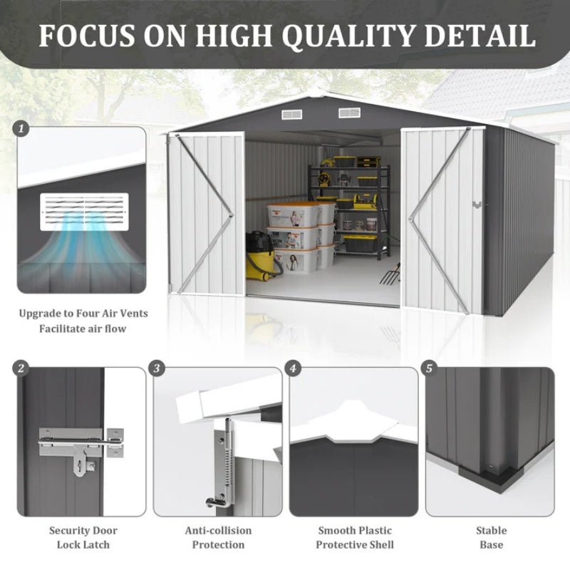 Campcraft Outdoor Storage Shed 10×14 FT with 3 Lockable Doors,Utility Tool Shed Metal Storage Garden Sheds Frame and 4 Vents,for Backyard,Patio,Lawn,dark Grey-海智集-Default-