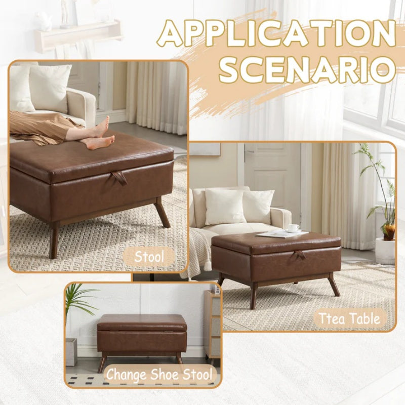 Mid-century modern square coffee table storage bench, assembled, suitable for living room, entryway and family room, used as a coffee table, stirrups, shoe bench-海智集-Default-