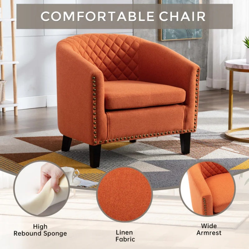 COOLMORE Barrel Chairs with Soft Padded Armrest, Club Chairs with nailheads and solid wood legs for Living Room Bedroom Waiting Room (Orange Linen)-海智集-Default-