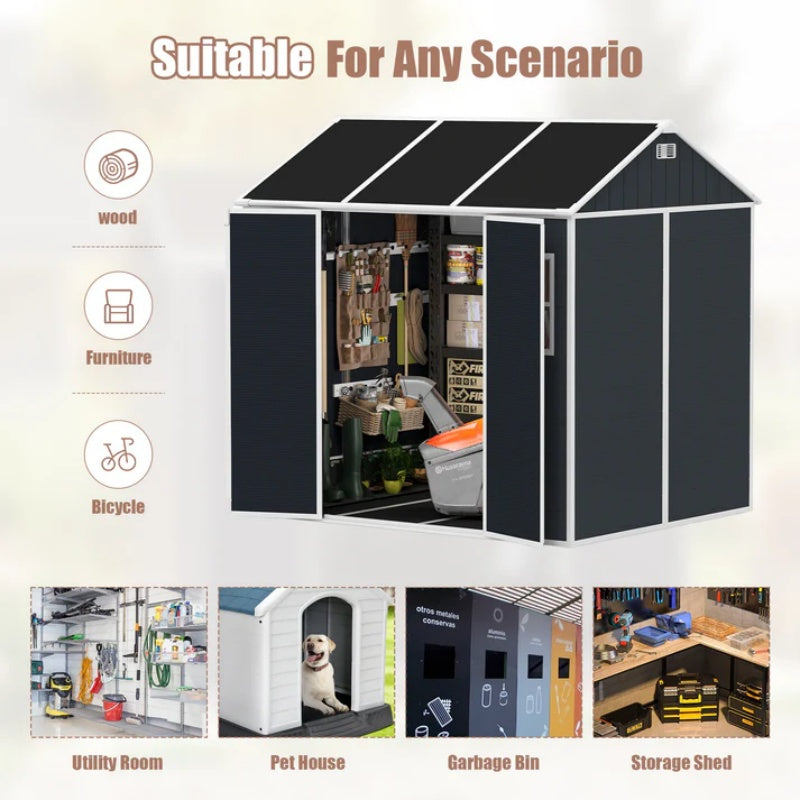 8*7ft Outdoor Storage Shed, Outdoor Resin Shed with Two-Window and Double-Door, Plastic Shed with Floor for Garden, Patio, Yard, Lawn (Dark Gray)-海智集-Default-
