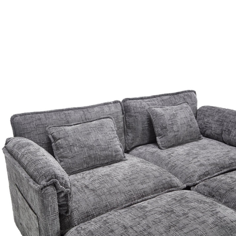 UNITED WE WIN Chenille fabric, solid construction, the overall structure of the sofa is stable, detachable armrests, two foot stools and two-seat sofa with side pockets-海智集-Default-