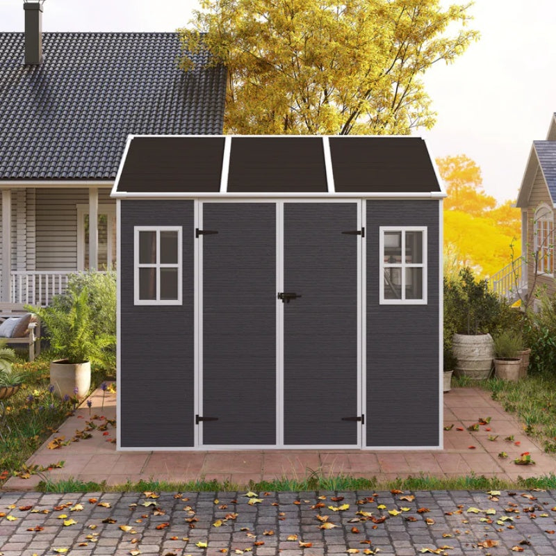 8*7ft Outdoor Storage Shed, Outdoor Resin Shed with Two-Window and Double-Door, Plastic Shed with Floor for Garden, Patio, Yard, Lawn (Dark Gray)-海智集-Default-
