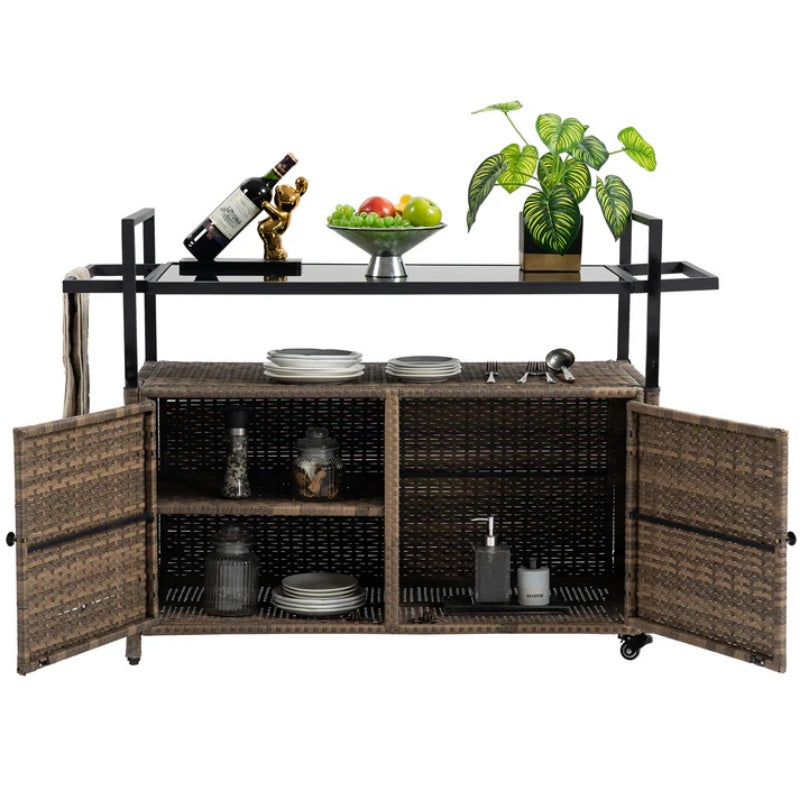 Outdoor Wicker Bar Cart, Patio Wine Serving Cart w/Wheels , Rolling Rattan Beverage Bar Counter Table w/Glass Top for Porch Backyard Garden Poolside Party, Light brown-海智集-Default-