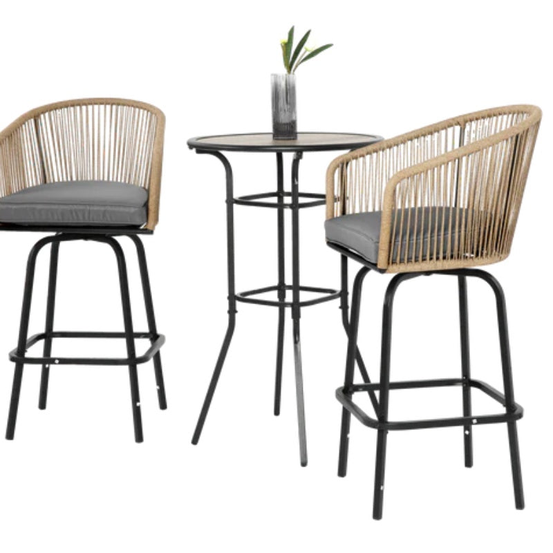 3pcs Outdoor Bar Set, Patio Bar Table and Chairs Set, Bar Height Patio Set - 2 x Swivel Bar Chairs , 1 x Round Bar Table(DPC Wood-Like)-Grey-海智集-Default-