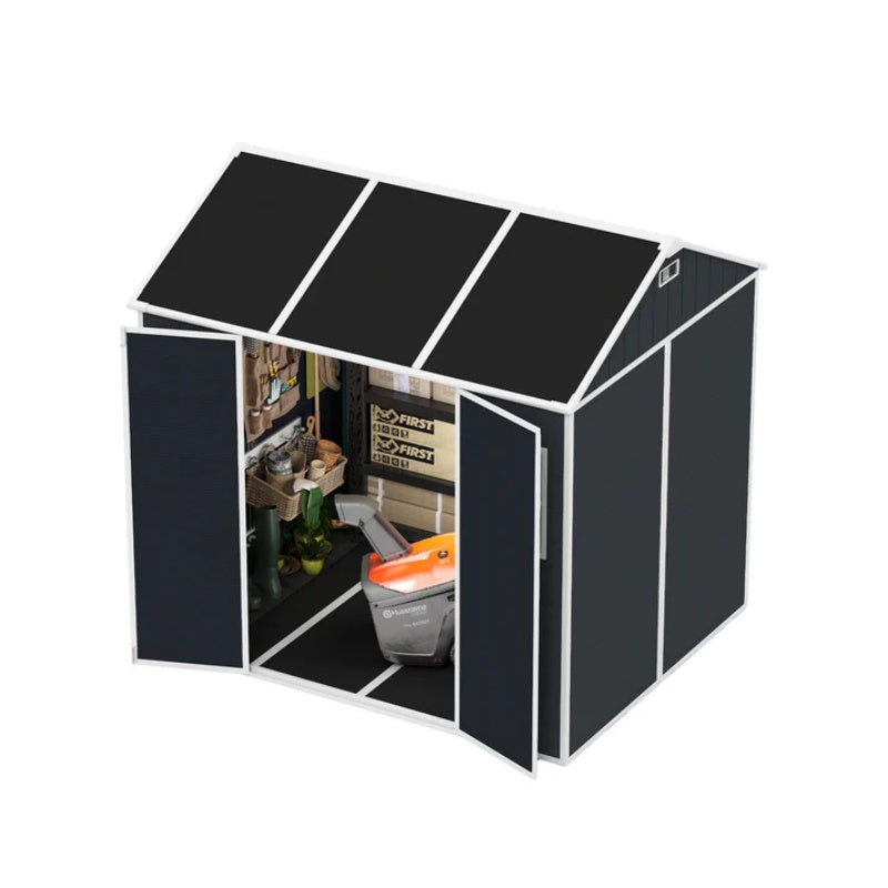 8*7ft Outdoor Storage Shed, Outdoor Resin Shed with Two-Window and Double-Door, Plastic Shed with Floor for Garden, Patio, Yard, Lawn (Dark Gray)-海智集-Default-