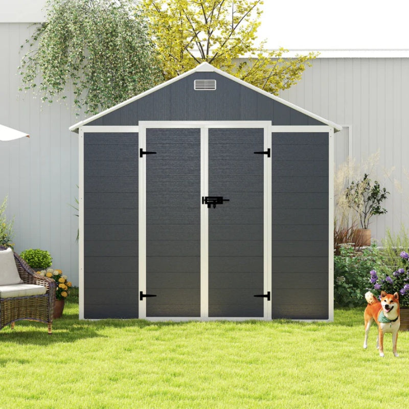 Campcraft 8*8ft resin storage shed, high quality pp material, strong structure, waterproof, rust and UV proof, large storage space, 12mm thick pp board, HD window lighting Dark gray-海智集-Default-