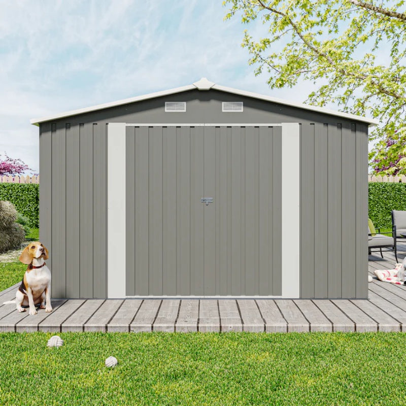 Campcraft Outdoor Storage Shed 10×14 FT with 3 Lockable Doors,Utility Tool Shed Metal Storage Garden Sheds Frame and 4 Vents,for Backyard,Patio,Lawn,Light Grey-海智集-Default-