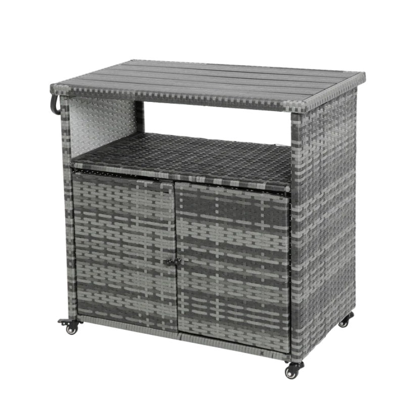 Outdoor Wicker Bar Cart, Patio Wine Serving Cart w/Wheels , Rolling Rattan Beverage Bar Counter Table w/Glass Top for Porch Backyard Garden Poolside Party, Light brown-海智集-Default-