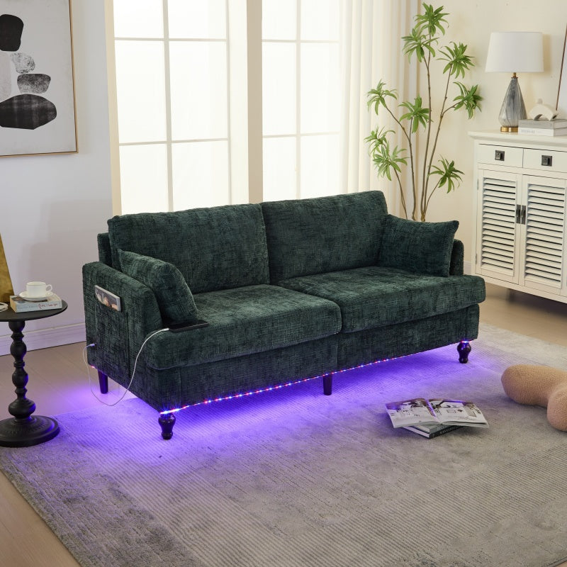 Modern Chenille 2-Seater Sofa with LED Light, USB Charging Port, and Storage Bag in Emerald-海智集-Default-